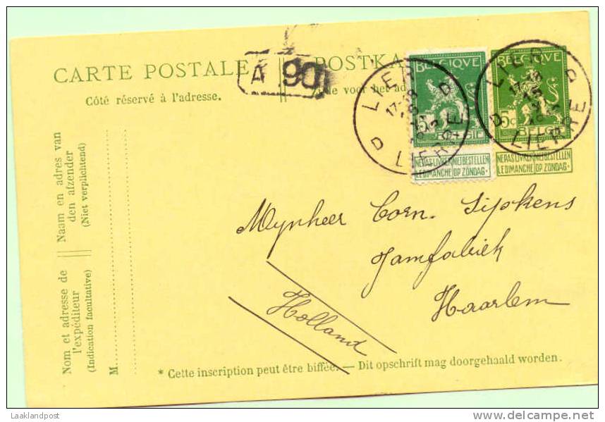 BELGIUM 1913 5c POSTCARD, H & G 54, UPRATED WITH 5c & USED LIER TO HAARLEM. LIER/LIERRE SINGLE CIRCLES, DELIVERY MARK. - Briefkaarten 1909-1934
