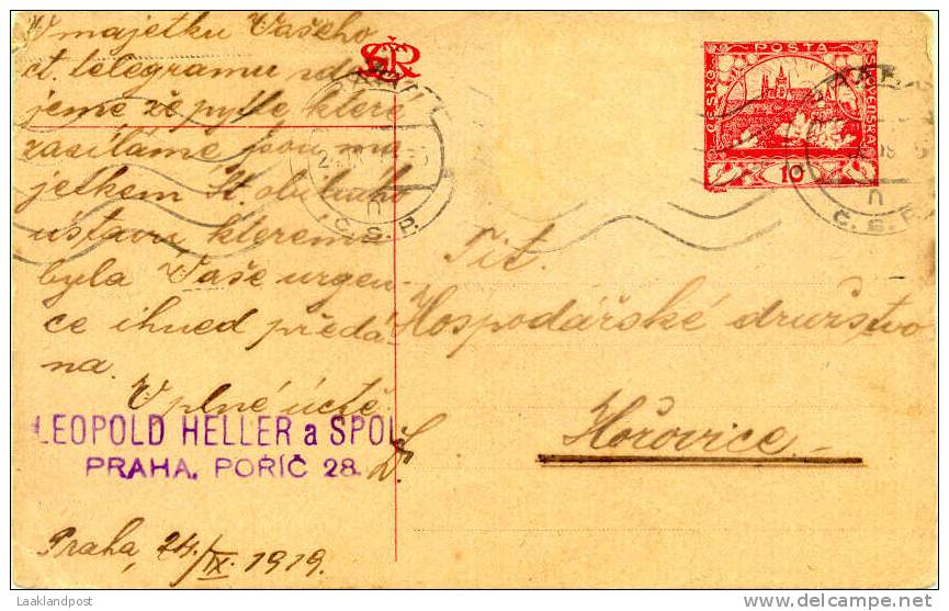 CZECHOSLOWAKIA 1919 10h POSTCARD, H & G 7, USED PRAGUE TO HOROVICE, PRAGUE MACHINE CANCEL. - Cartes Postales