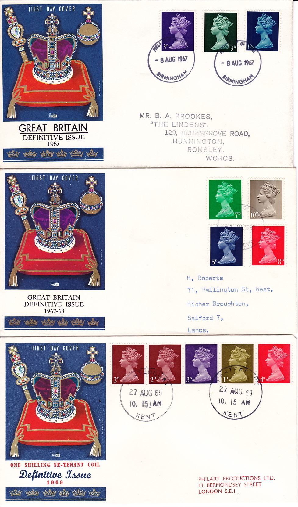 1967-69  3 Different Machin Issues FDCs Vasarmely Cachets  Addressed - 1952-1971 Pre-Decimale Uitgaves