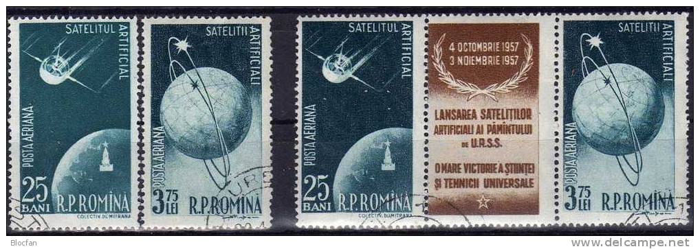 Raumfahrt 1957 USSR Start Raumflug 1.Sputnik Rumänien 1677/0+2ZD-Streifen O 14€ Kosmos Hb M/s Space Se-tenant Bf Romania - Used Stamps