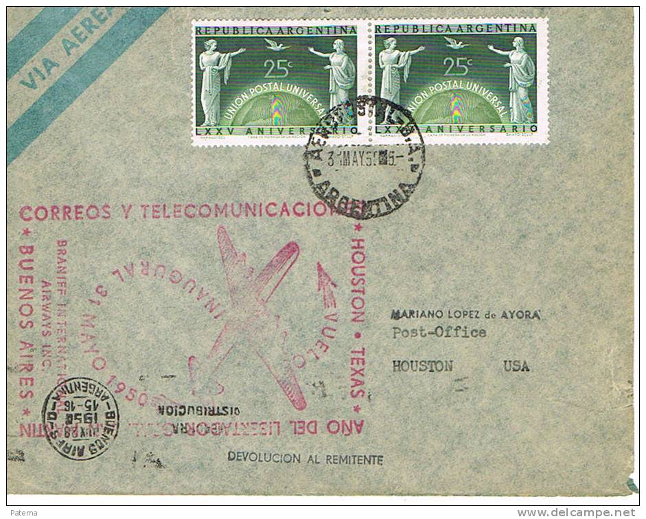 3350 Carta Aérea, Buenos Aires (Argentina) 1950,  Marca Inaugural Houston- Texas - Covers & Documents