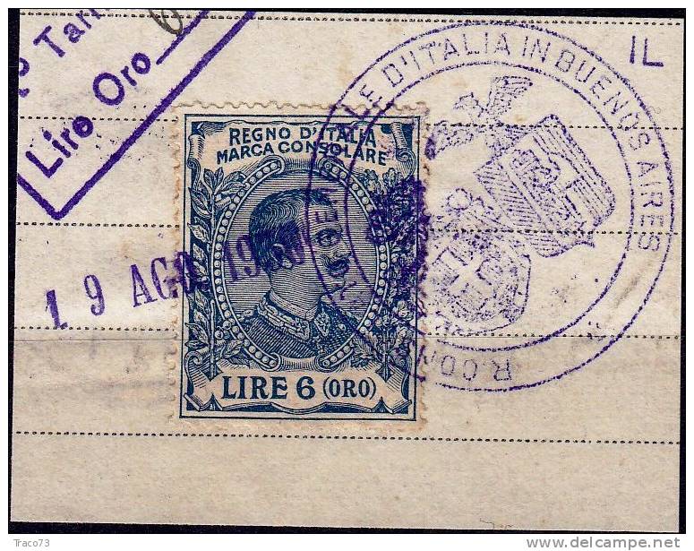 1924 - MARCA CONSOLARE  SU FRAMMENTO - Lire 6 ( Oro ) - Fiscali