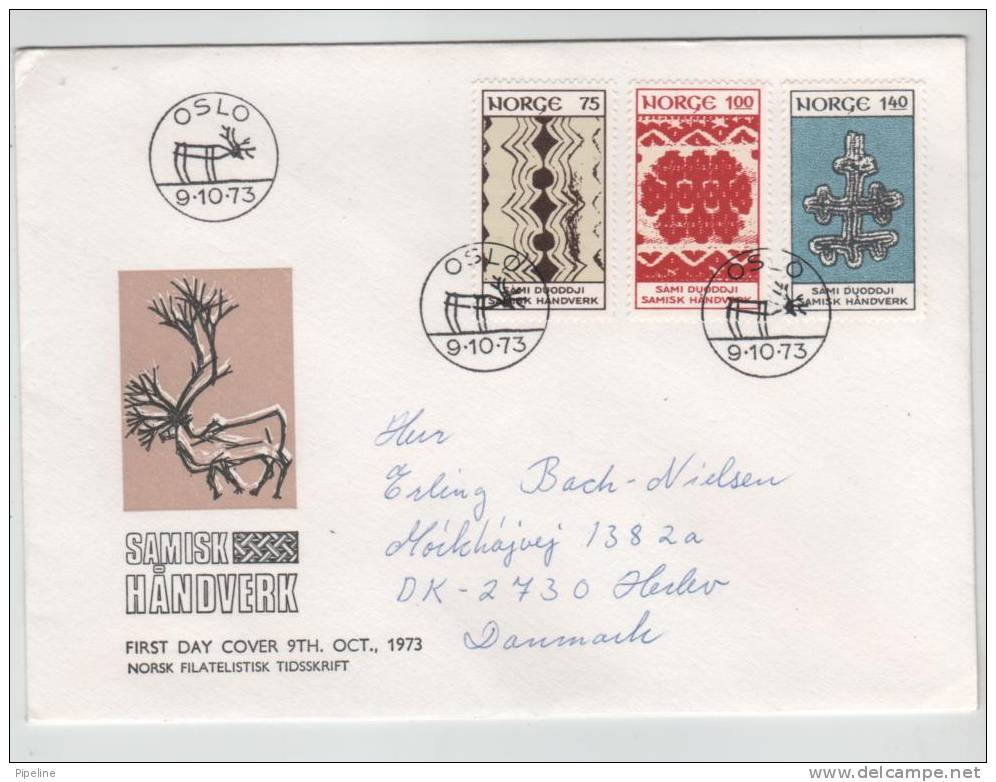 Norway FDC Sami Handicraft Complete With Cachet 9-10-1973 Sent To Denmark - FDC