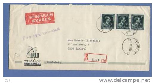 696 (x3) Op Aangetekende EXPRES-brief Met Stempel TIELT - 1936-1957 Offener Kragen