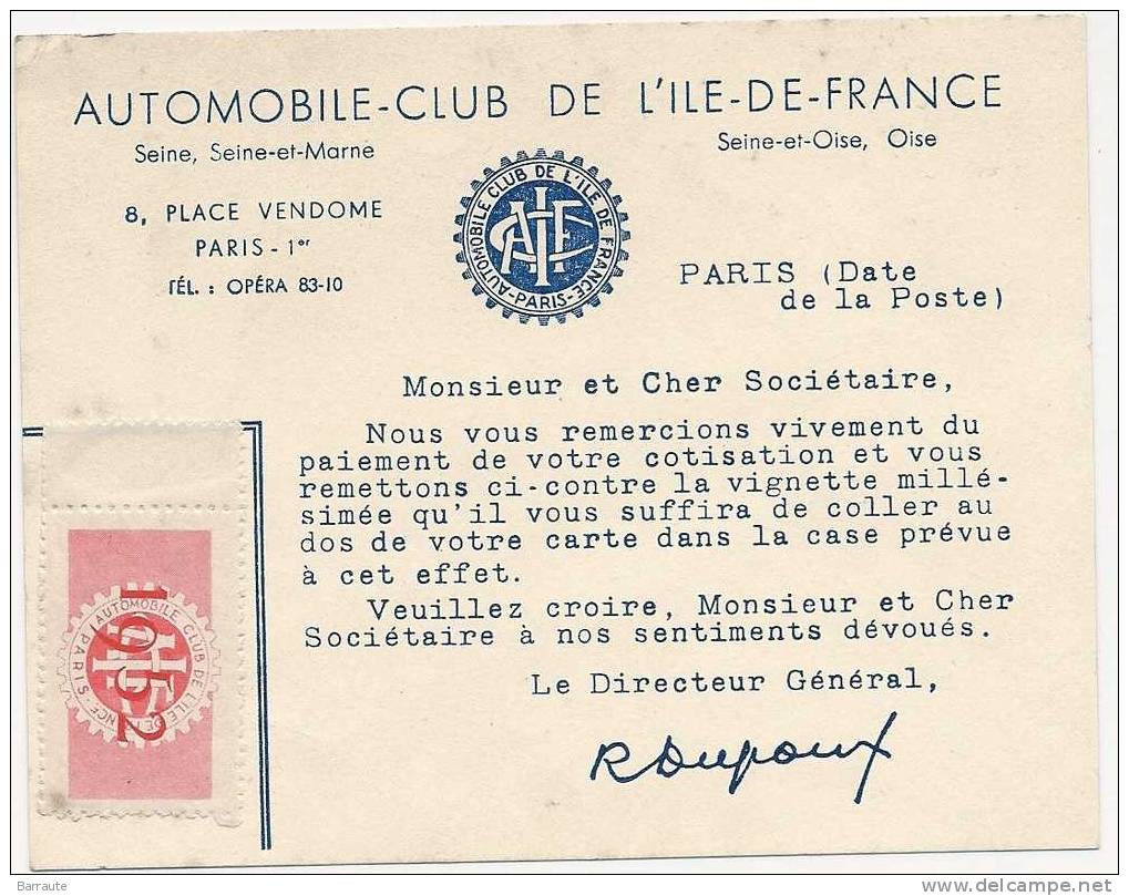 RECEPISSE AUTOMOBILE CLUB De L´LE De FRANCE De 1952 Avec Vignette. - Other & Unclassified