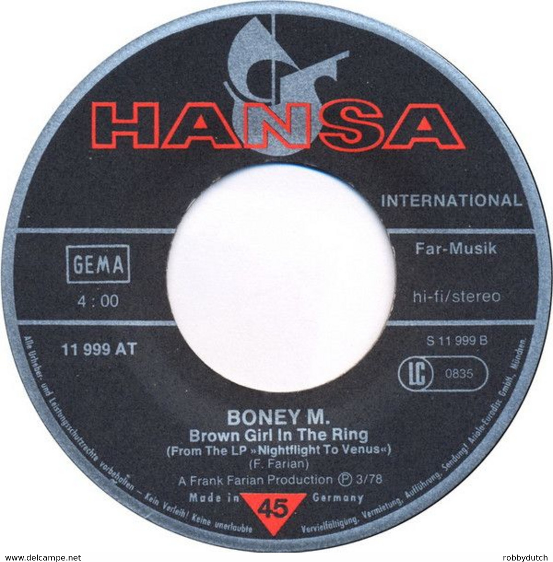 * 7" *  BONEY M.- RIVERS OF BABYLON / BROWN GIRL IN THE RING (Germany 1978) - Disco, Pop