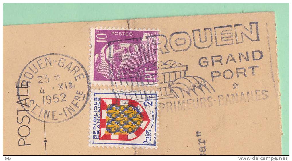 Carte Postale Au Départ De Rouen (Etablissement Les Bonbons Barnier) Flamme ROUEN Gare Du 4-12-1952 - 1960-.... Storia Postale