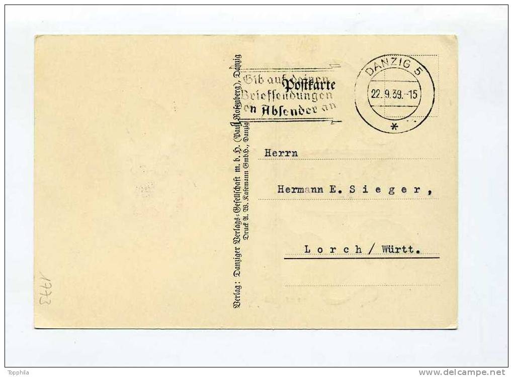 1.9.1939 Danzig Farbige Sonderkarte Zur Wiedereingliederung - Briefe U. Dokumente