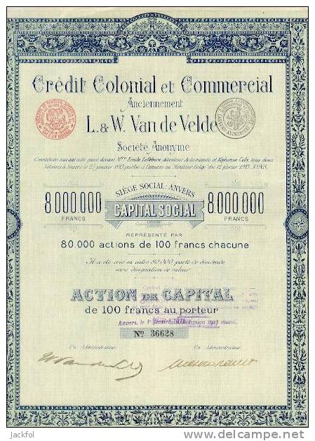 Crédit Colonial Et Commercial (anc. L & W Van De Velde) Cap 1913 - Bank & Insurance