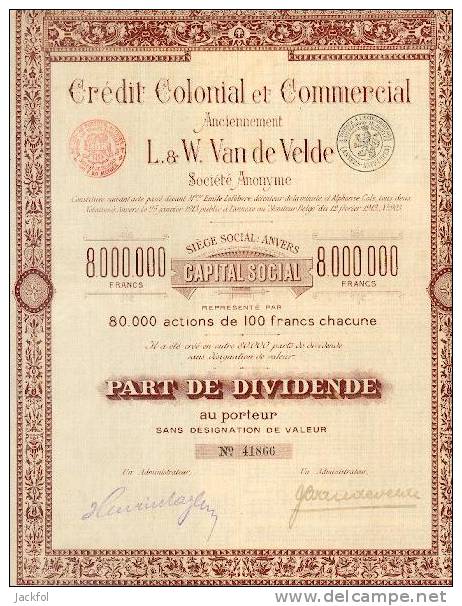 Crédit Colonial Et Commercial (anc. L & W Van De Velde) Div 1913 - Bank & Insurance