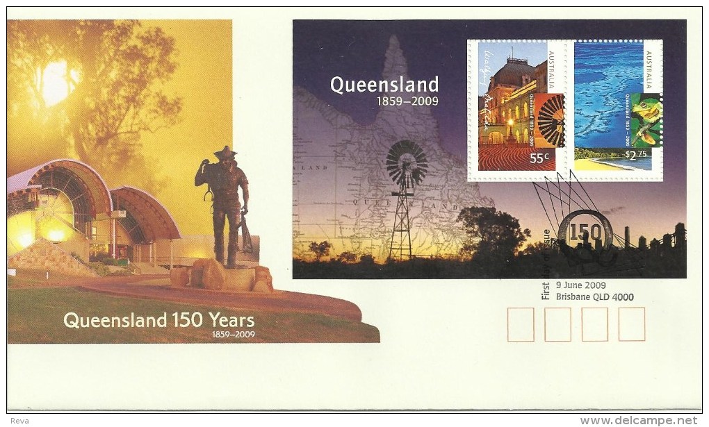 AUSTRALIA FDC QUEENSLAND 150 YEARS LANDSCAPE SET OF 2 STAMPS ON M/S  DATED 09-06-2009 CTO SG? READ DESCRIPTION !! - Covers & Documents
