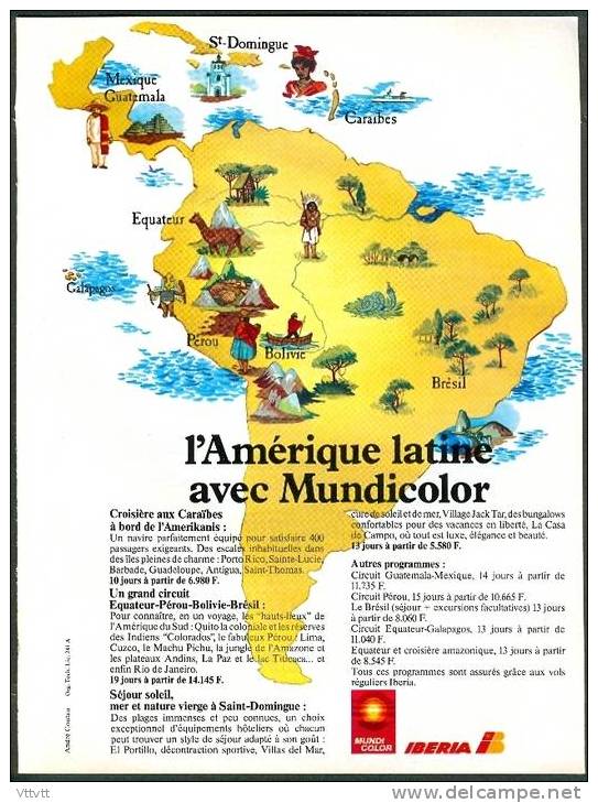 ANCIENNE PUBLICITE, COMPAGNIE AERIENNE (1981) : Iberia, Mundicolor (21,5 Cm Sur 28,5 Cm) Bolivie, Pérou, Brésil, Mexique - Pubblicità