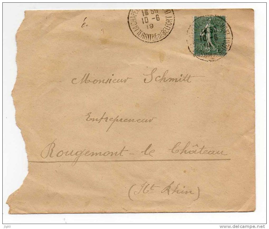 Semeuse Lignée 15c Olive  Sur Fragment De Lettre Pour Rougemont Le Chateau (90) Du 10/06/1919 - 1877-1920: Période Semi Moderne