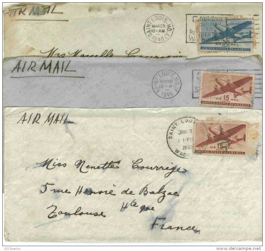 3 Lettres Timbre Air Mail Oblit St Louis 1945 46 Et1947 - Usados
