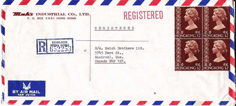 1978  Registered Air Mail Letter To Canada  Block Of 4 $2 Stamps - Brieven En Documenten