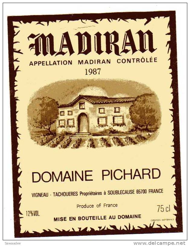 ETIQUETTE DE VIN - MADIRAN - 1987 - DOMAINE PICHARD - Madiran