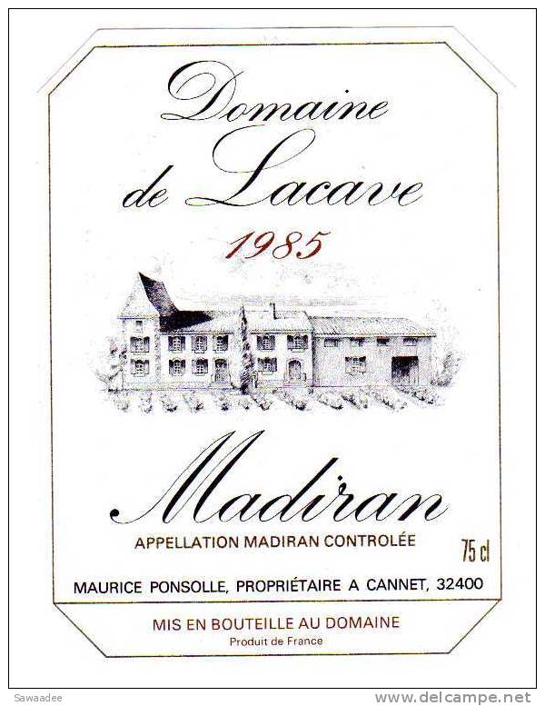 ETIQUETTE DE VIN - MADIRAN - DOMAINE DE LACAVE - 1985 - MAURICE PONSOLLE - Madiran