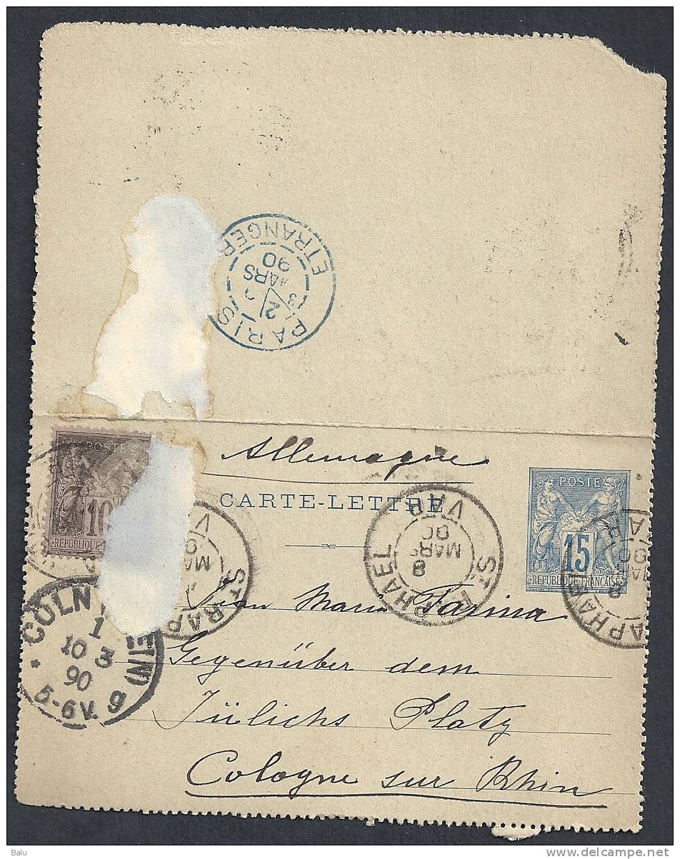 France Entier Postal Yvert No. 90-CL12 Type Sage 15c. Bleu Sur Gris Sans RF Obl. Pris Pour Cologne Allemagne - Kartenbriefe