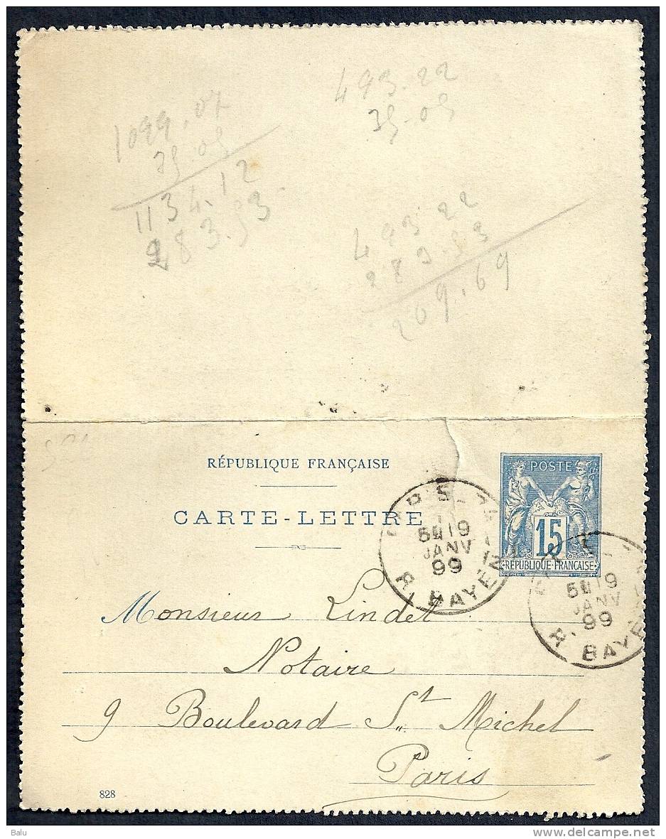 France Entier Postal Yvert No. 90-CL17 Type Sage 15c. Bleu Avec RF Date 828 Obl Paris Pour Paris - Kartenbriefe