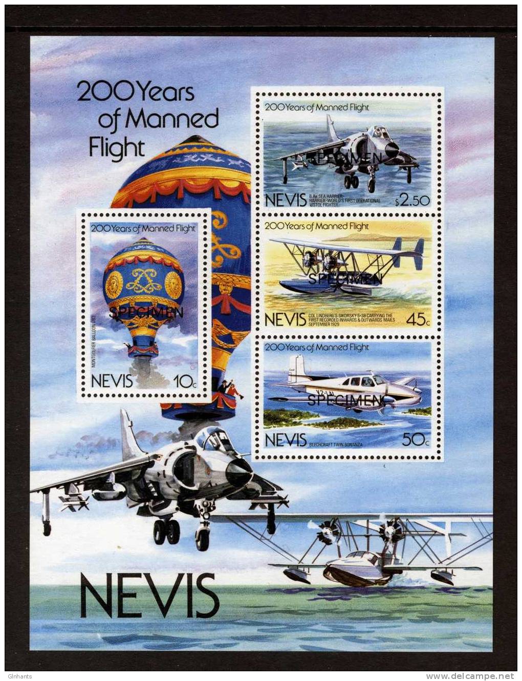 NEVIS - 1983 200th ANNIVERSARY OF THE MANNED FLIGHT AIRCRAFT BALLOON MS O/P SPECIMEN FINE MNH ** - St.Kitts And Nevis ( 1983-...)