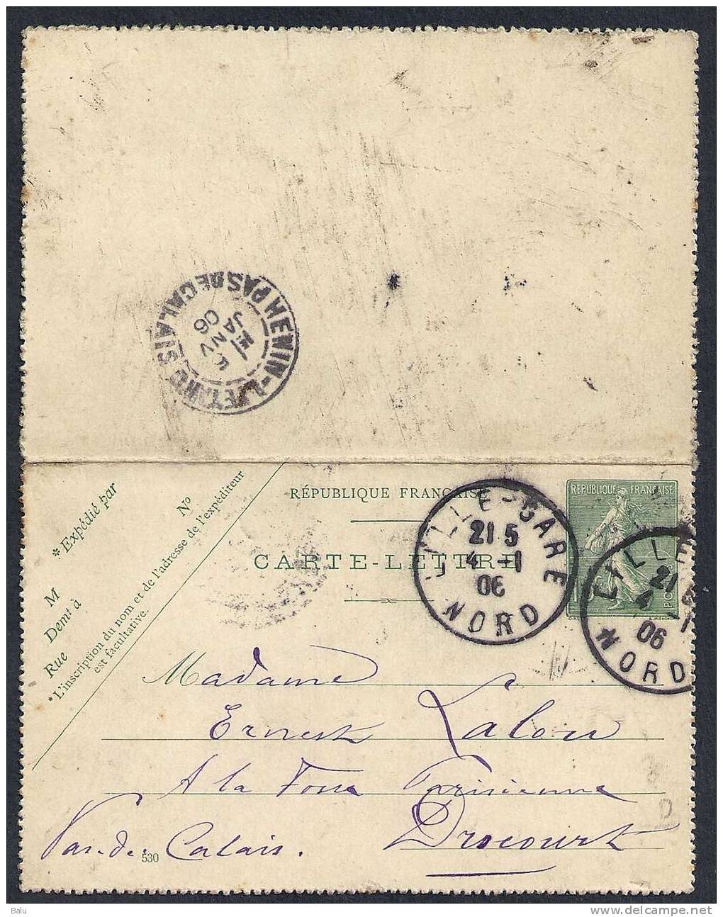 France Entier Postal Yvert No. 130-CL Type Semeuse Lignée 15c. Vert Carte Lettre Date 530 Obl. Lille - Kartenbriefe