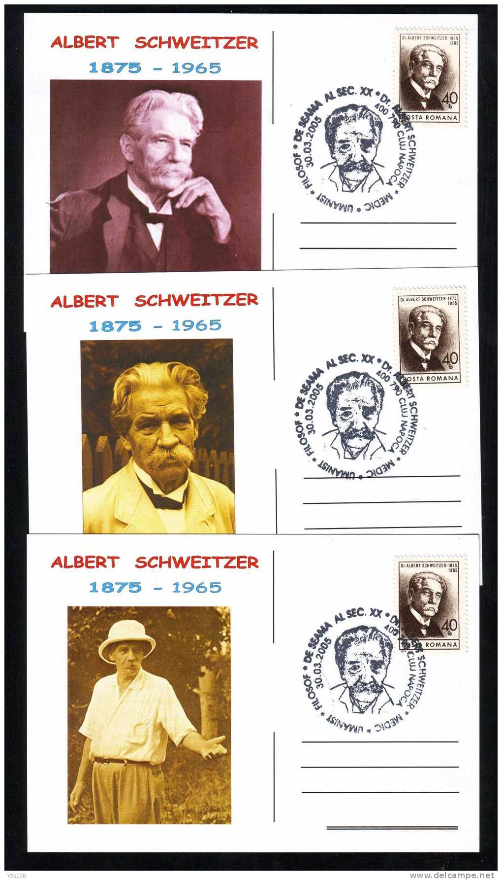 Albert Schweitzer,oblitération + 3 Postcard  Commemorative 2005 – Special Cancel: Doctor  Albert Schweitzer Cluj-Napoca. - Albert Schweitzer