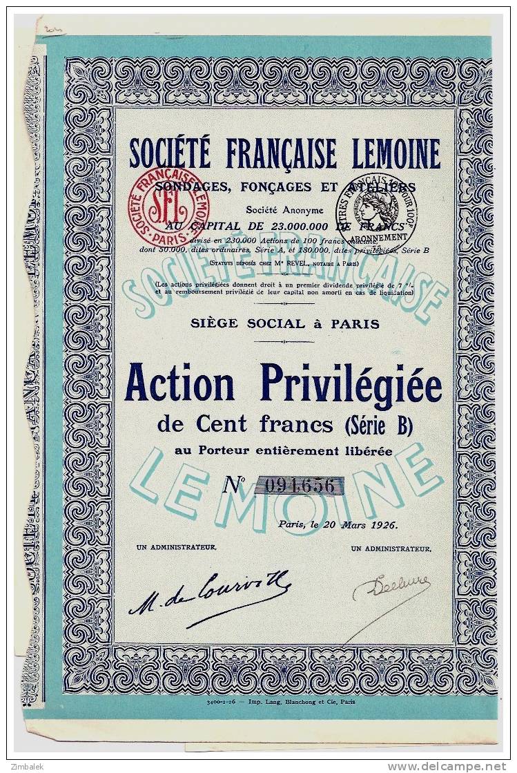 SOCIETE FRANCAISE LEMOINE - SONDAGES  , FONCAGES ET ATELIERS  - A - Industrie