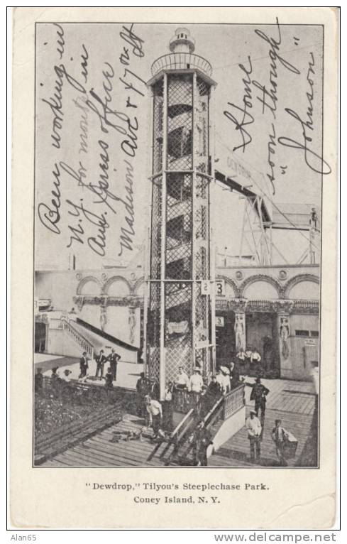 Coney Island NY, Dewdrop Tilyou Steeplechase Park, Amusement Park Ride, On 1900s Vintage Private Mailing Card - Long Island