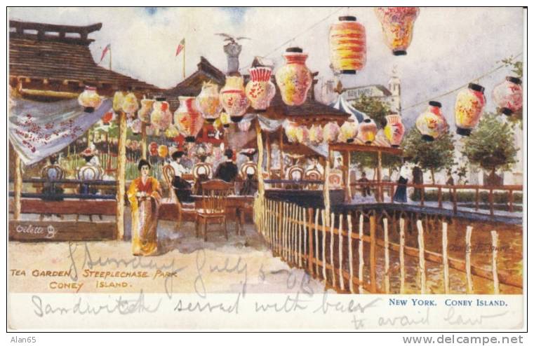 Coney Island  Artist Signed 'The Garden Steeplechase' Tuck & Sons Series #2072 - Long Island