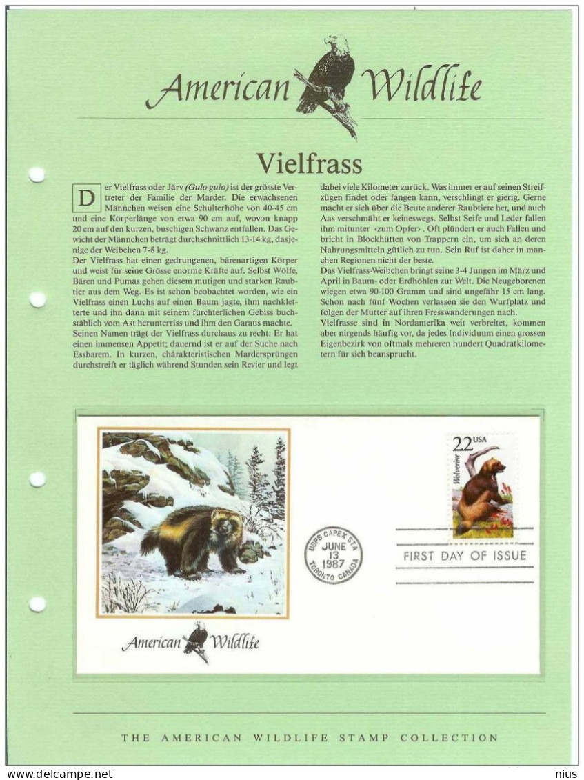 USA United States 1987 FDC Fauna Wolverine Skunk Bear Gulo Gulo Quickhatch Gulon - 1981-1990