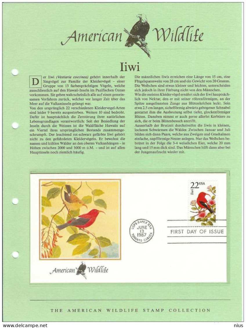 USA United States 1987 FDC Fauna Bird Birds Iiwi Scarlet Hawaiian Honeycreeper Vestiaria Coccinea - 1981-1990