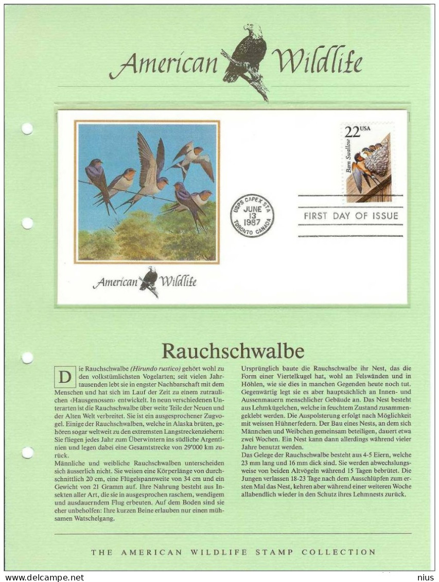 USA United States 1987 FDC Fauna Bird Birds Barn Swallow Hirundo Rustica - 1981-1990