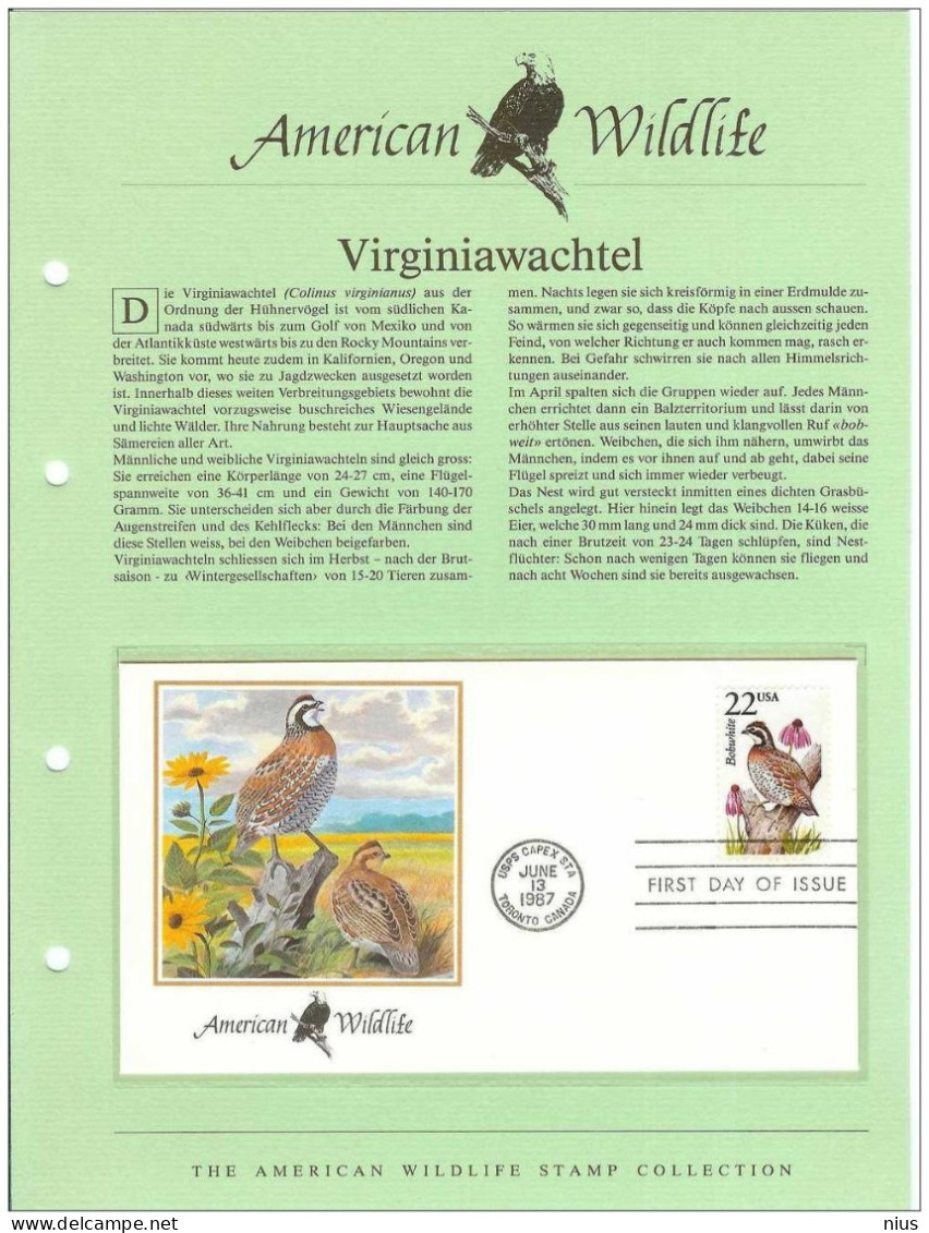 USA United States 1987 FDC Fauna Bird Birds Northern Bobwhite Colinus Virginianus - 1981-1990