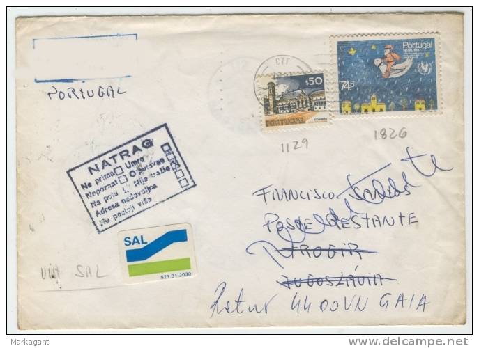 PORTUGAL # 1129 + 1826 - Used To Yugoslavia 25.11.1991 - Caixa # 8 - Lettres & Documents