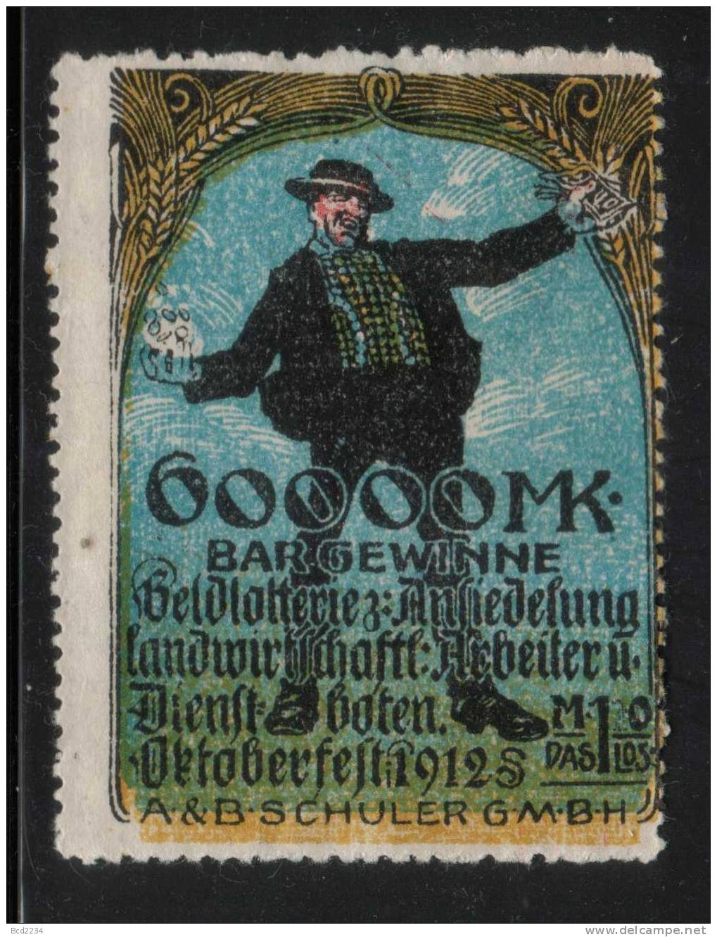 GERMANY 1912 OKTOBERFEST GELDLOTTERIE OCTOBERFEST AGRICULTURAL WORKERS LOTTERY POSTER STAMP REKLAMENMARKE NO GUM Coins - Coins
