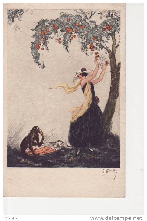 Jeune Femme Cueillant Des Fruits Et Singe  Signée F Hardy - Hardy, Florence