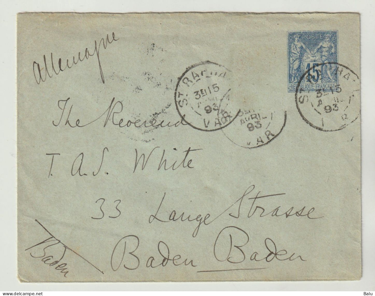 France Entier Postal Yvert No. 90-E Type Sage 123x96 Mm Obl 1893 Pour Baden-Baden, L`Allemagne, 3 Scans - Standaardomslagen En TSC (Voor 1995)