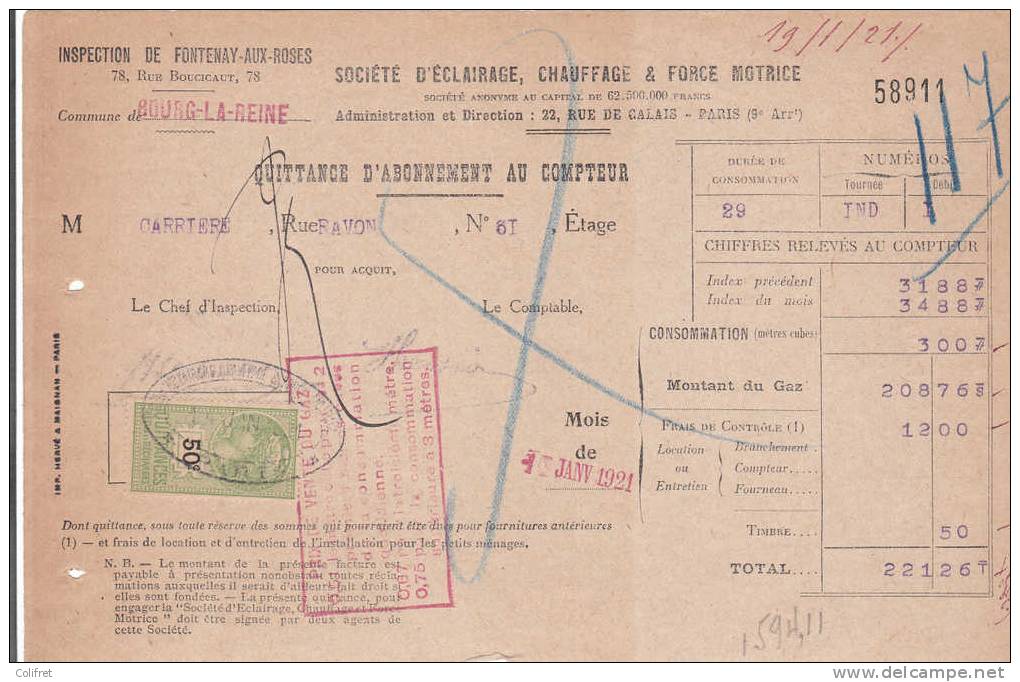 Quittance     Société D'Eclairage      Bourg-la-Reine - Non Classés