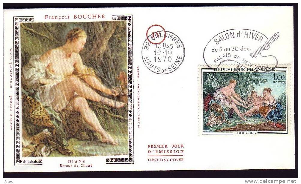 FDC Ill N°Yvert 1652 Boucher Obl FLAMME 1erJour 10.10.70 Colombes Salon D´Hiver, Sur Soie  RRRRR - Nudes