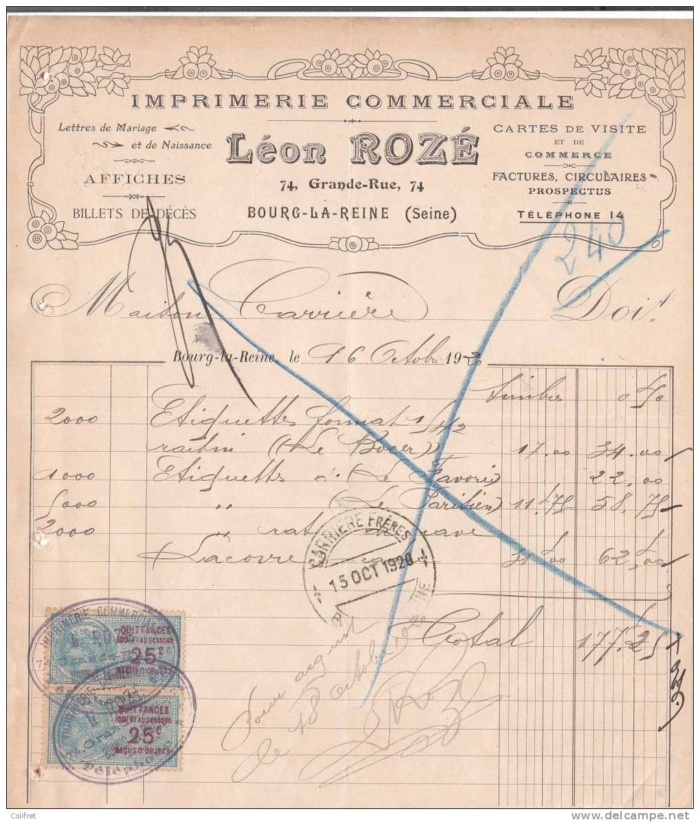 Facture      Imprimerie Léon Rozé      Bourg-la-Reine - Druck & Papierwaren