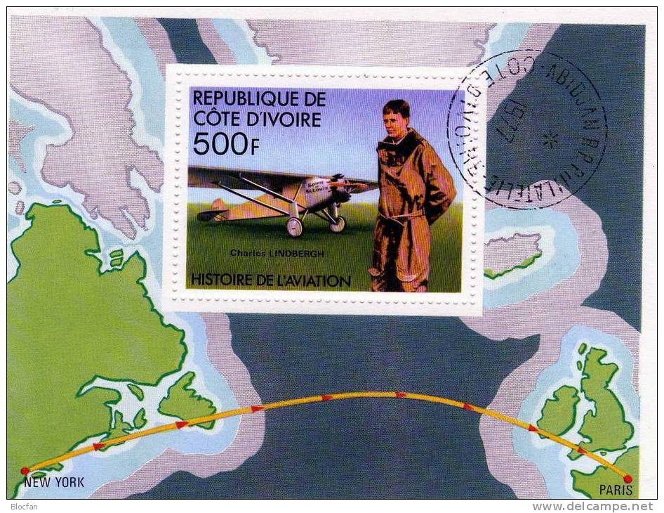 Flugzeug Luftfahrt Lindbergh Spirit Of St.Louis 1977 Elfenbeinküste Block 7 O 3€ Bloque Hb Ms Mail Sheet Bf Ivore AFRICA - Sonstige (Luft)