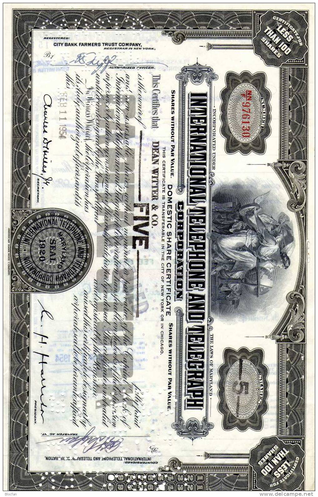 USA 1954 Telephon And Telegraph Corporation Of Chigago 1954 Feinst 100 Shares Nach Suppes Wertpapierkatalog US-Aktie - S - V