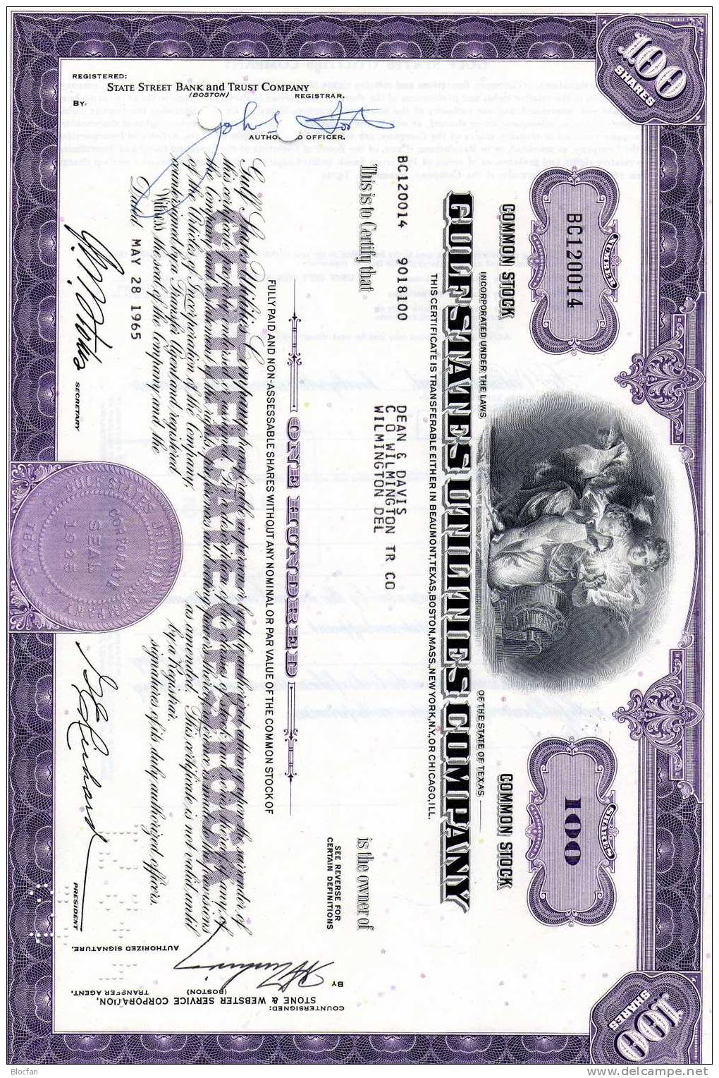 USA 1965 Gulf States Utilities Company Of Texas Fein 100 Shares Nach Suppes Wertpapierkatalog Hohe Sammlerwert US-Aktien - Pétrole