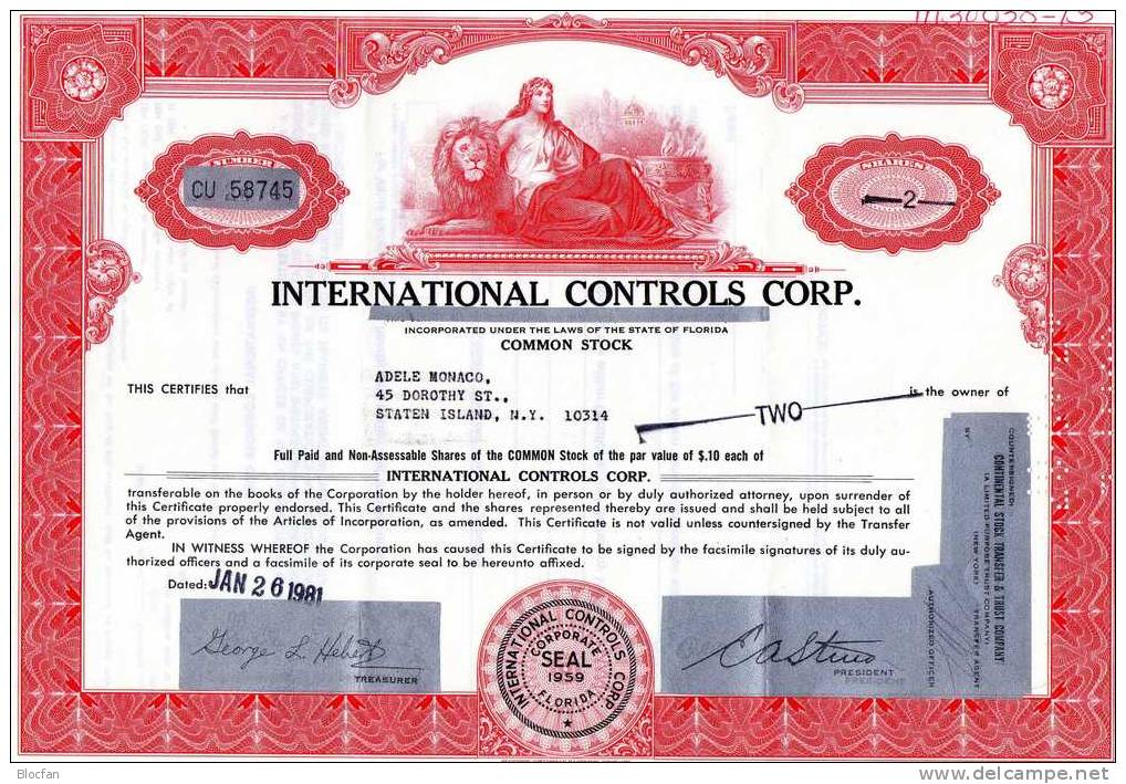 USA 1981 International Controls Corp. Feinst 2 Shares Nach Suppes Wertpapier-Katalog Florida Industry US-Aktie - Banque & Assurance