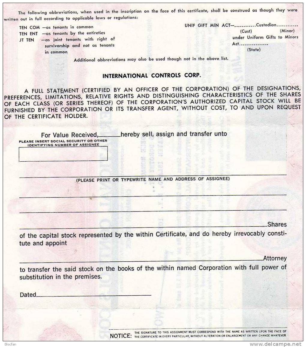 USA 1981 International Controls Corp. Feinst 2 Shares Nach Suppes Wertpapier-Katalog Florida Industry US-Aktie - Banca & Assicurazione