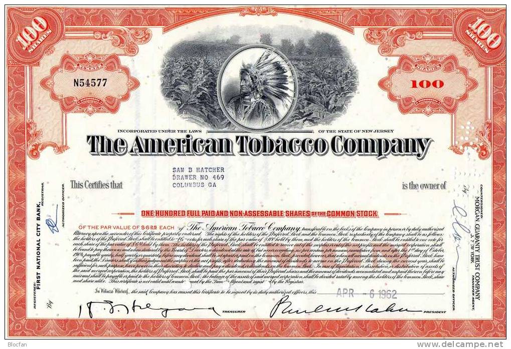 The American Tobacco Company USA 1962 Feinst 100 Shares - S - V