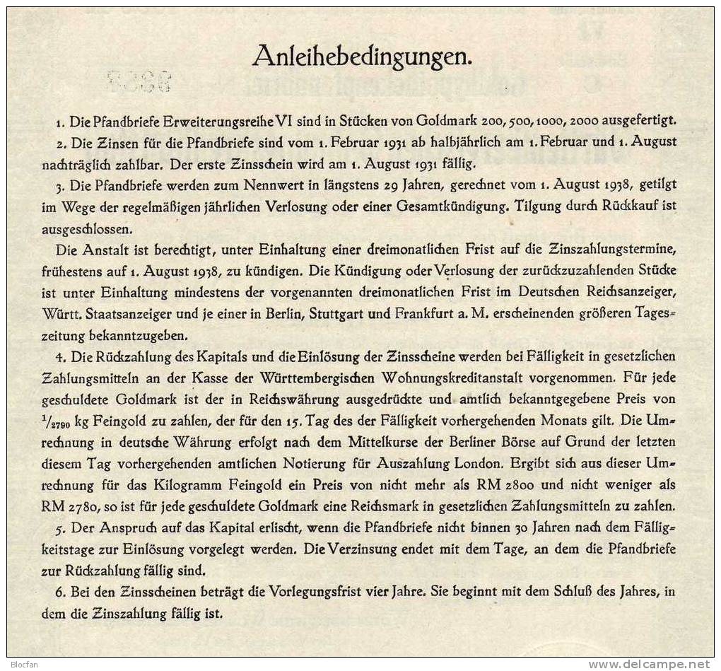 Deutschland Wohnungs-Kreditanstalt Württemberg1931 Feinst 1000 Goldmark öffentliche Aktie Stuttgart Document Of Germany - Industrie