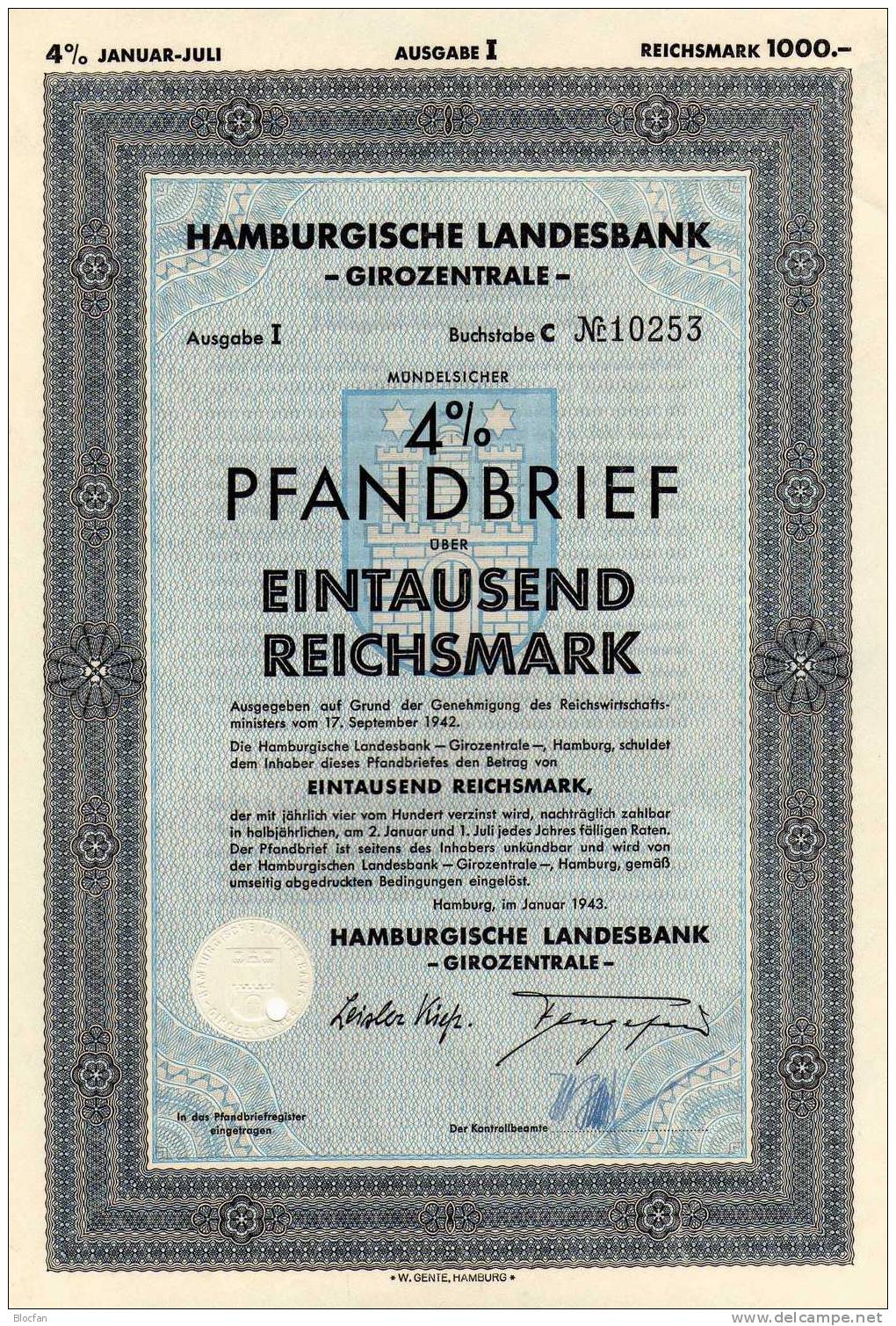 Deutschland Hamburgische Landes-Pfandbriefanstalt 1943 Feinst 1000 Reichsmark Girozentrale Hamburg Document From Germany - Banco & Caja De Ahorros