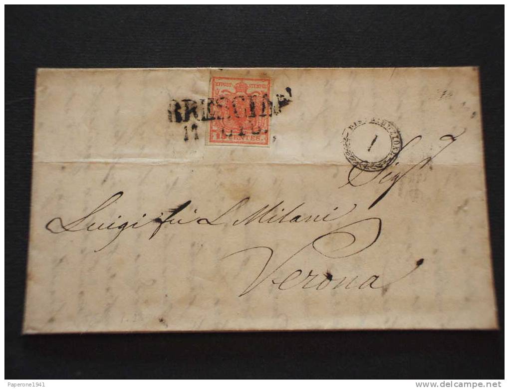 LOMBARDO VENETO-lettera-1850 STEMMA 15c. ANNULLO: BRESCIA In Stampatello.PIU' ACCESSORIO. - Lombardo-Veneto