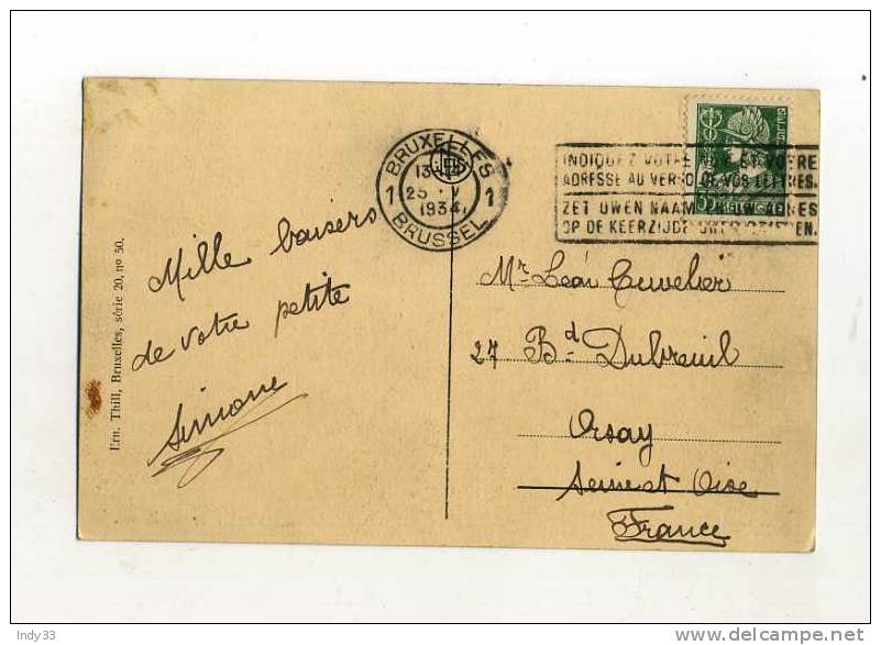 -  BELGIQUE 1919/34 . AFFRANCHISSEMENT SIMPLE  SUR CP DE 1934   POUR LA FRANCE . - Briefe U. Dokumente
